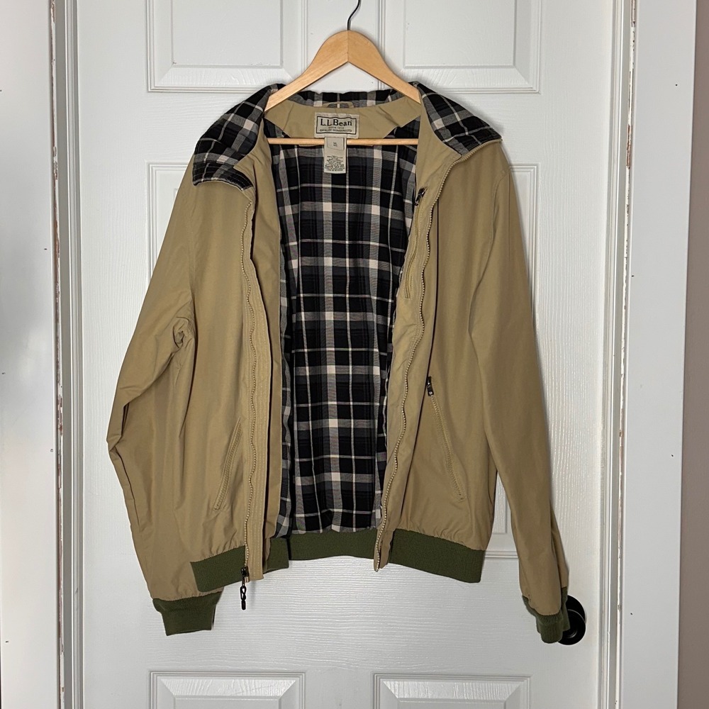 LL Bean Mens XL Regular Tan Plaid Lined Warm-Up Bomber Jacket Harrington 500395